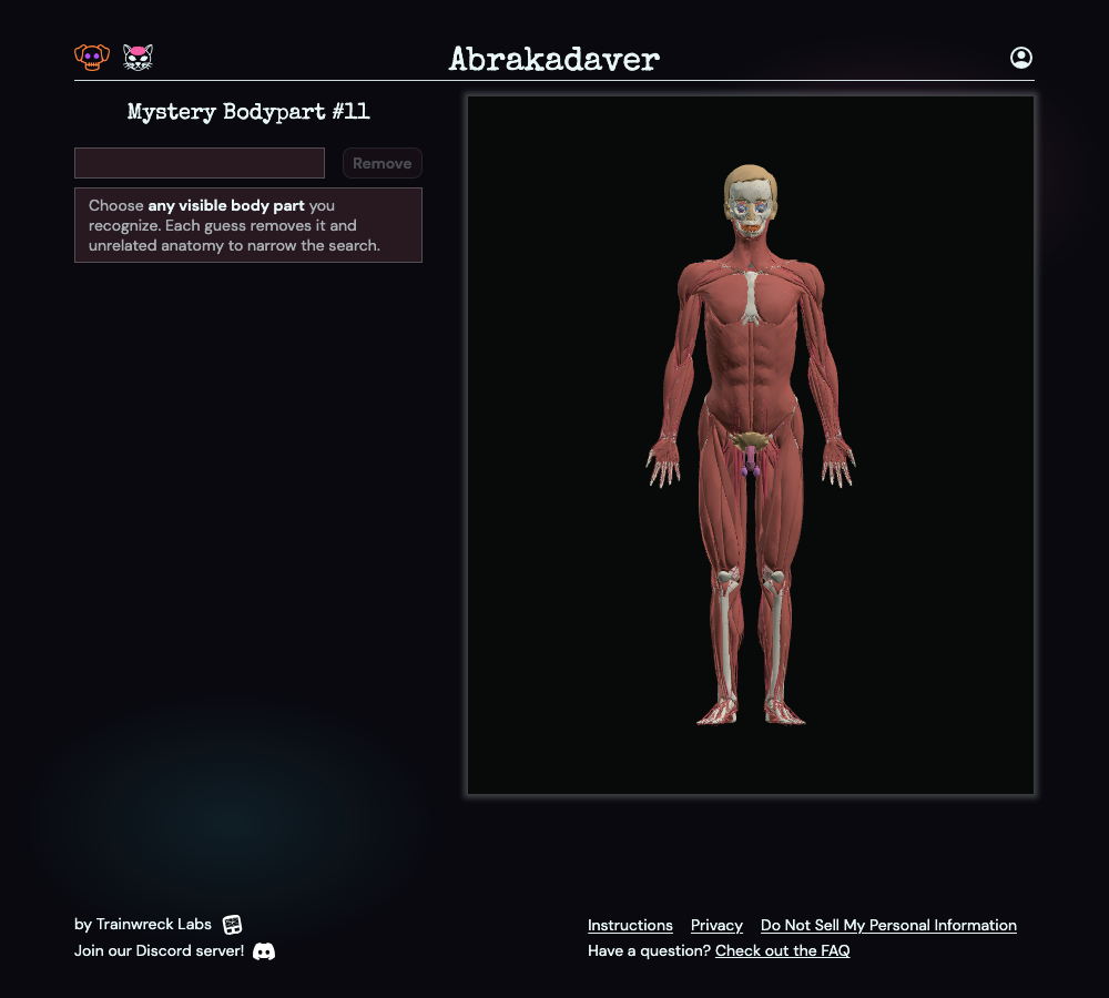 Abrakadaver Mystery Bodypart #11 showing the unsolved anatomy model after the initial skin removal, with an empty body-part search field