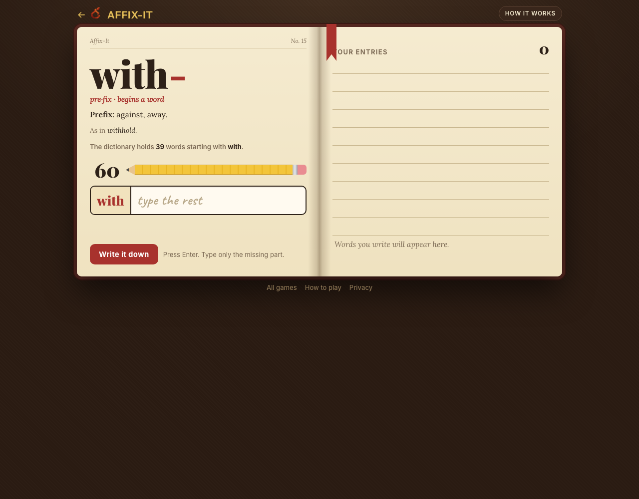 Affix-It dictionary-style daily board with a prefix, empty entry field, 60-second pencil timer and zero entries.