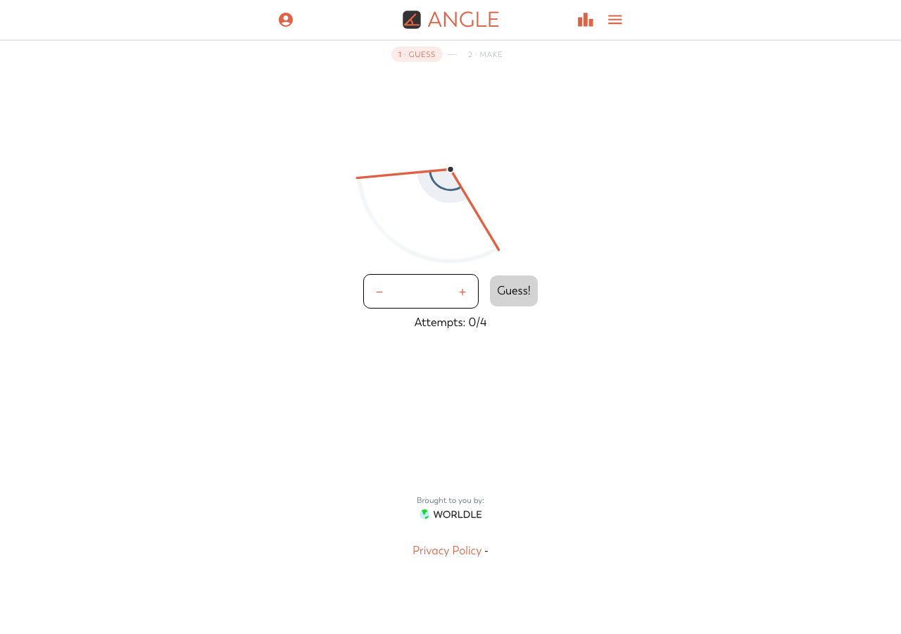 Angle’s unsolved Guess screen with two orange rays, an empty degree field, a Guess button and Attempts: 0/4.