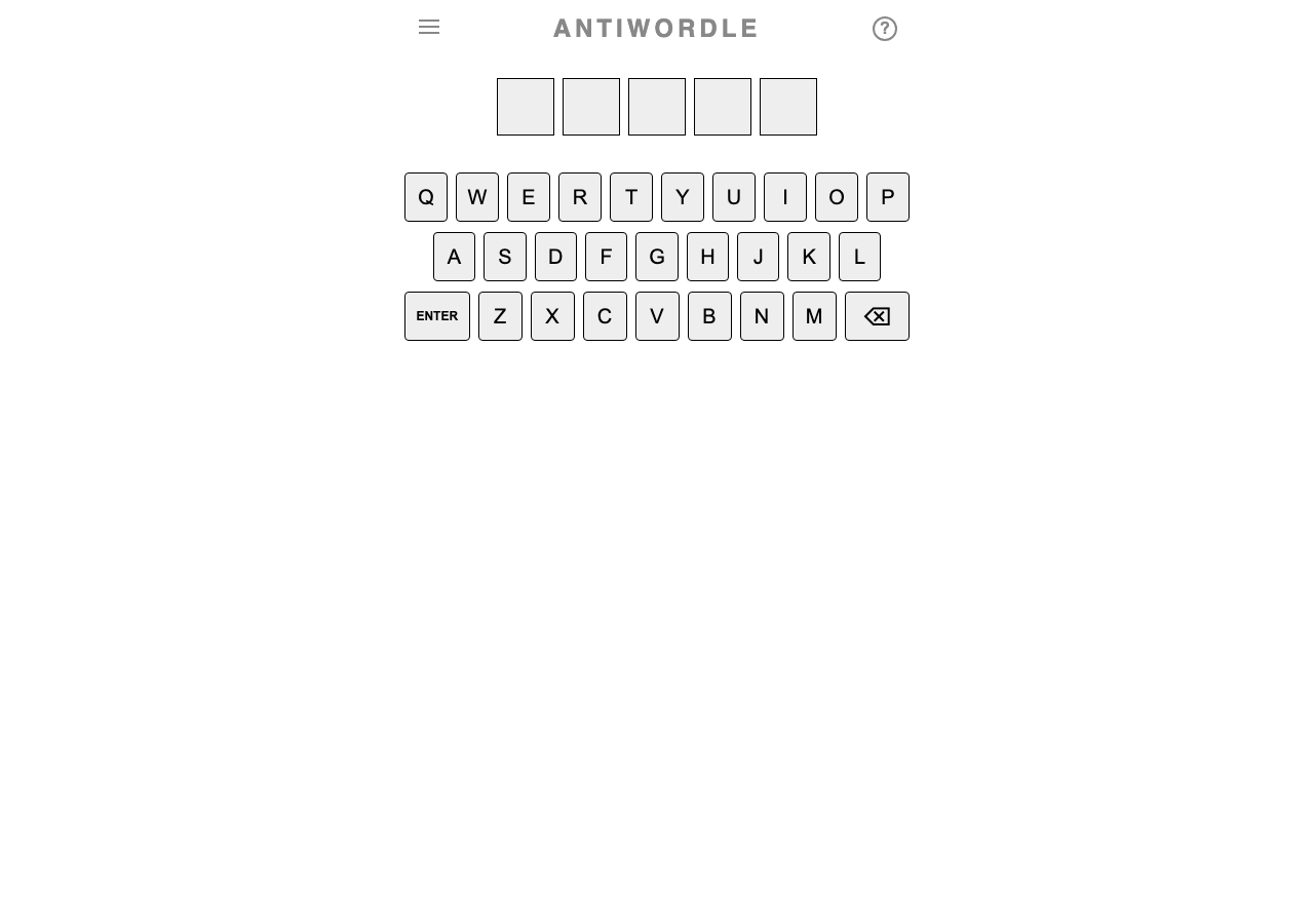 Empty Antiwordle five-letter row above its full on-screen keyboard before any guess.