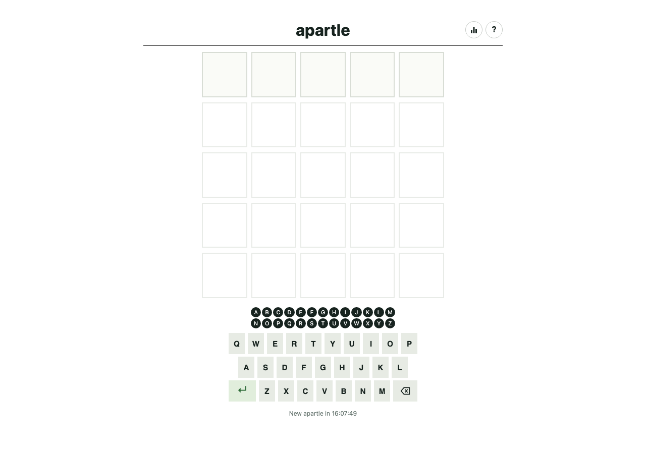 Empty Apartle five-letter grid above the alphabet strip and complete on-screen keyboard.