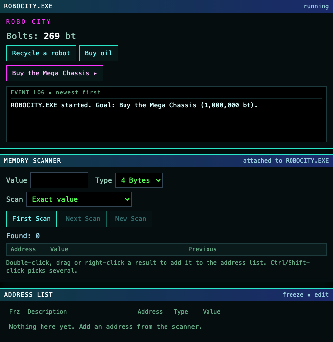 Unsolved ASSEMBDLE Robo City target with 269 bolts, an empty memory scan and an empty address list.