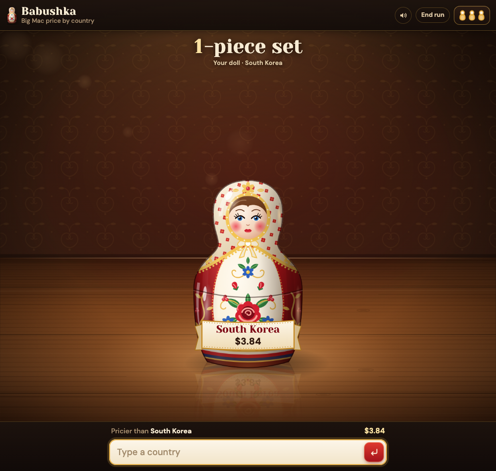 Babushka initial one-piece South Korea doll with a Big Mac price and an empty country input.