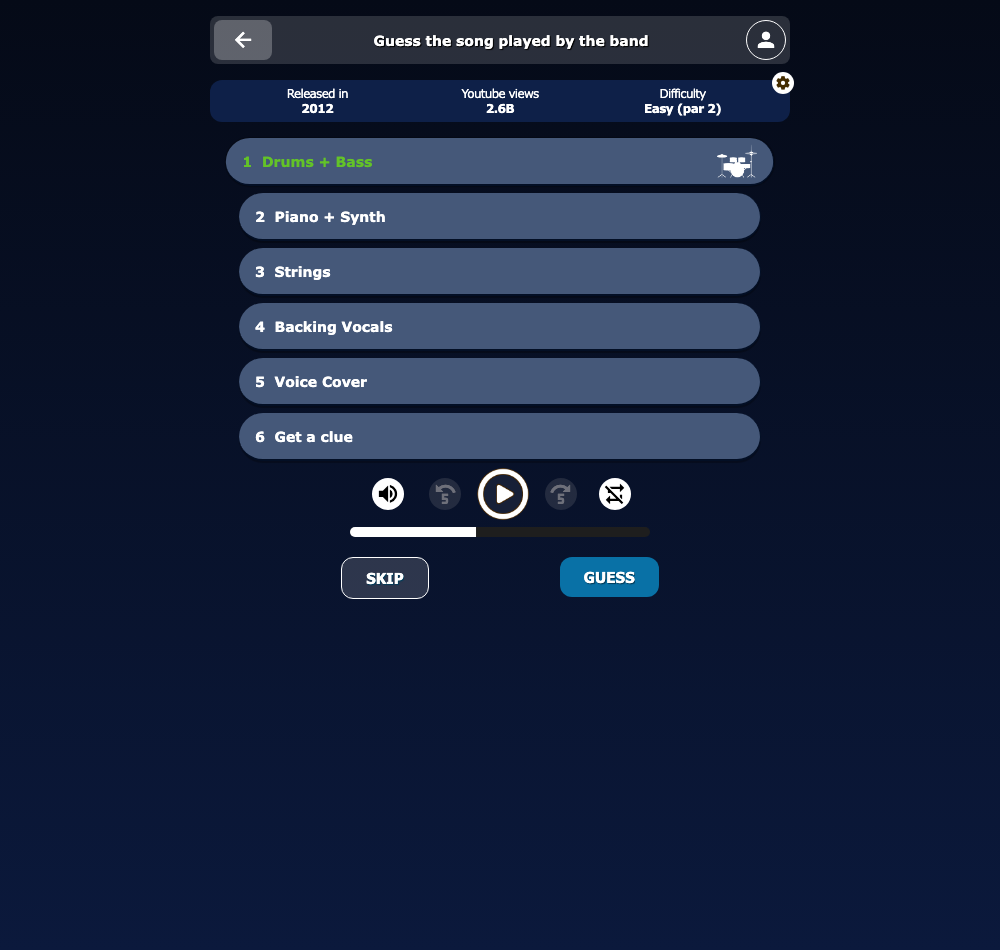 Bandle daily game with six clue rows, the initial Drums + Bass layer, playback controls and Skip and Guess buttons.