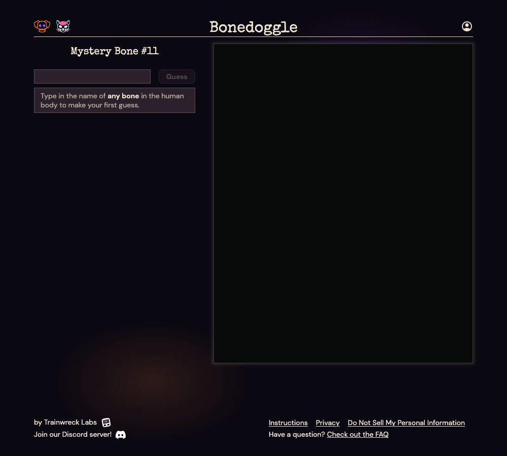 Bonedoggle Mystery Bone #11 with an empty search field and an empty skeleton viewer before the first guess
