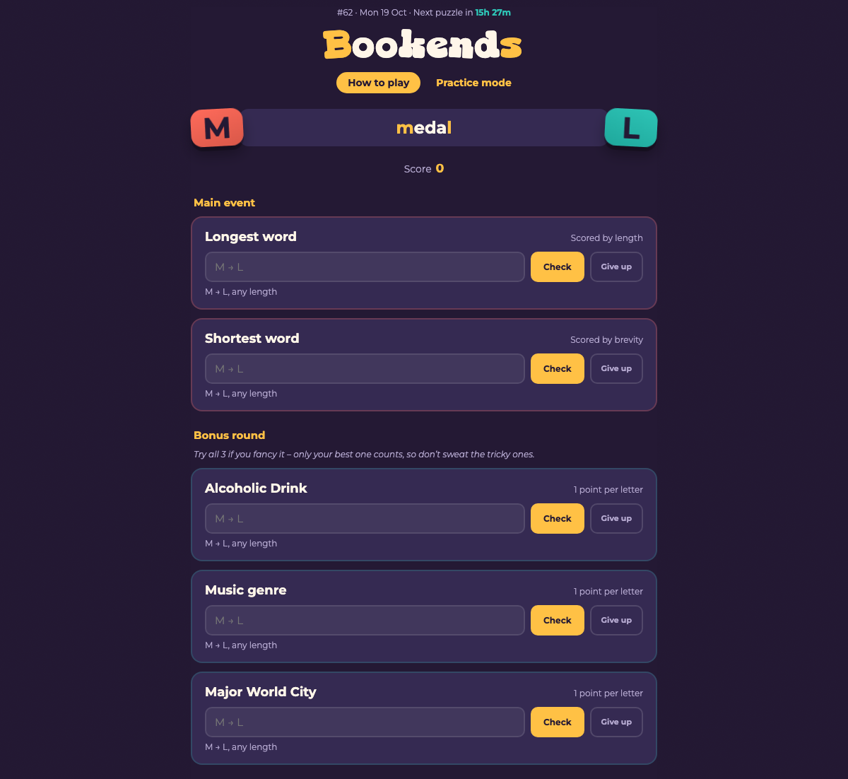 Bookends daily puzzle with M and L endpoints, empty longest, shortest and bonus inputs, and score zero.