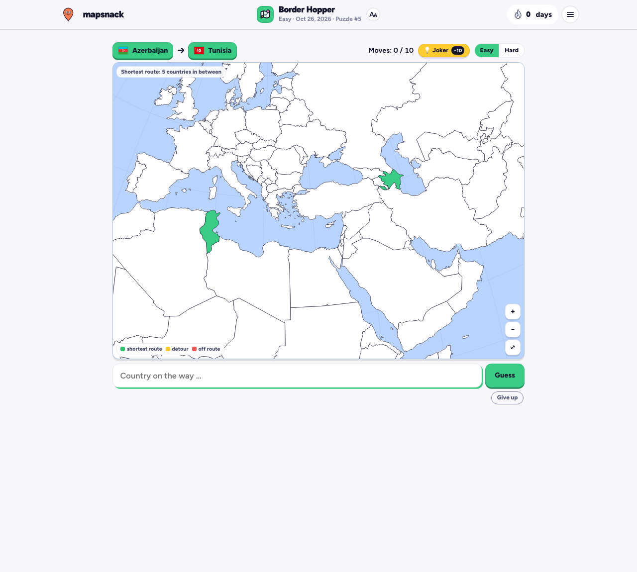 An unsolved Border Hopper daily Easy map with Azerbaijan and Tunisia as endpoints, zero of ten moves used, a country input and a Guess button.