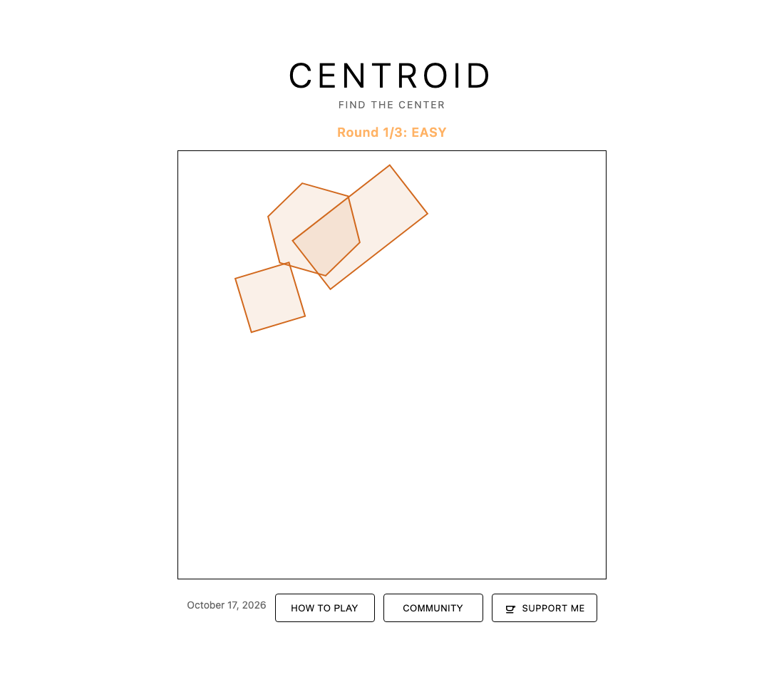 Centroid before the first guess, showing orange overlapping shapes inside the Easy round canvas.