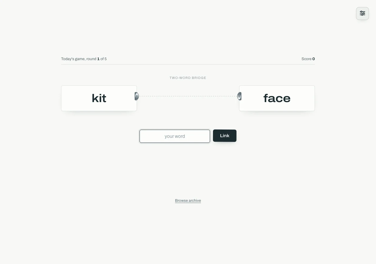 Chainle two-word bridge round with kit and face clues and word-entry field