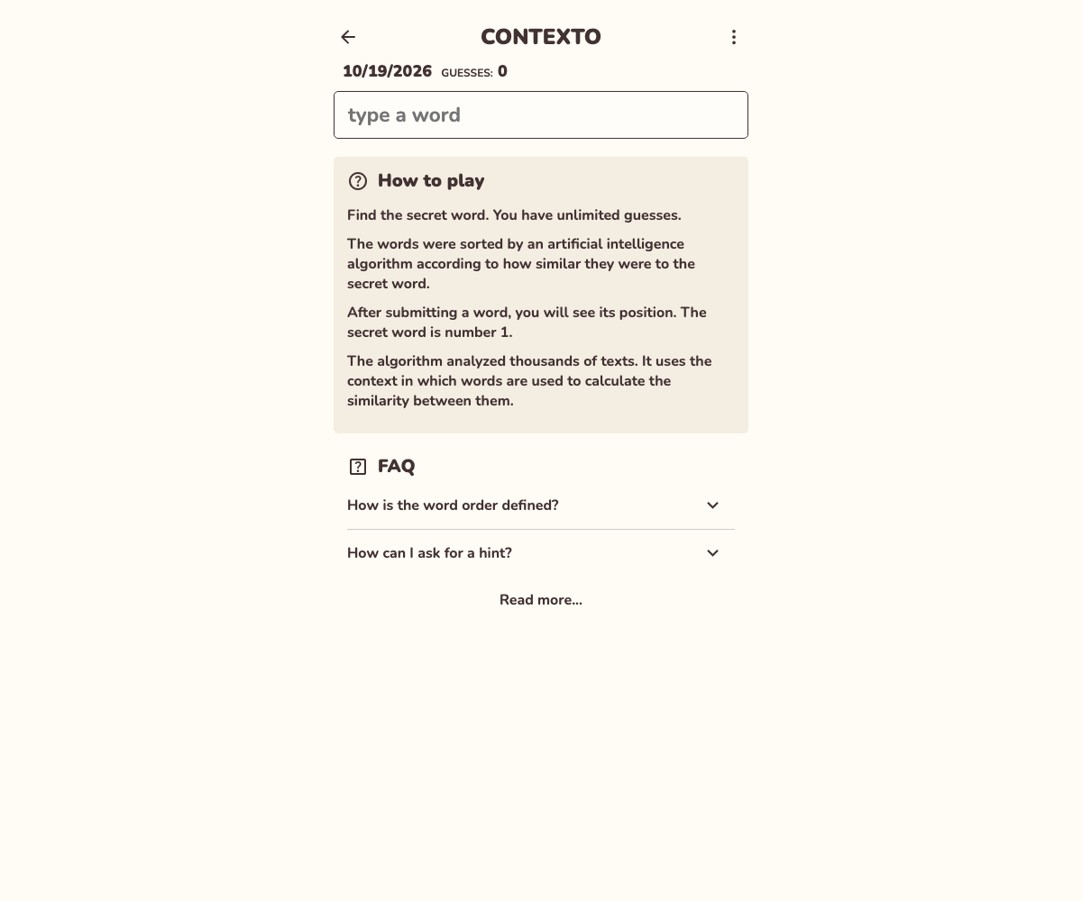 Contexto daily game with zero guesses, an empty word input and semantic-rank instructions.