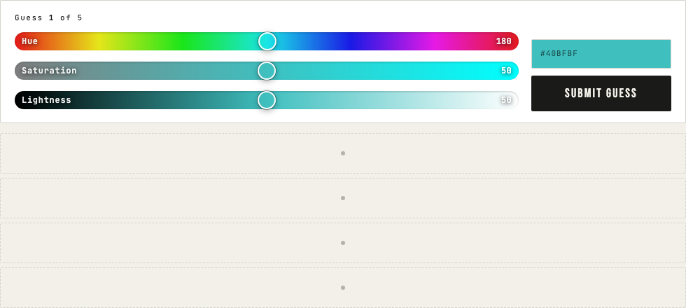 The Daily Hue unsolved control panel with Hue, Saturation and Lightness sliders, a preview swatch and Submit Guess button; artwork is outside the capture.