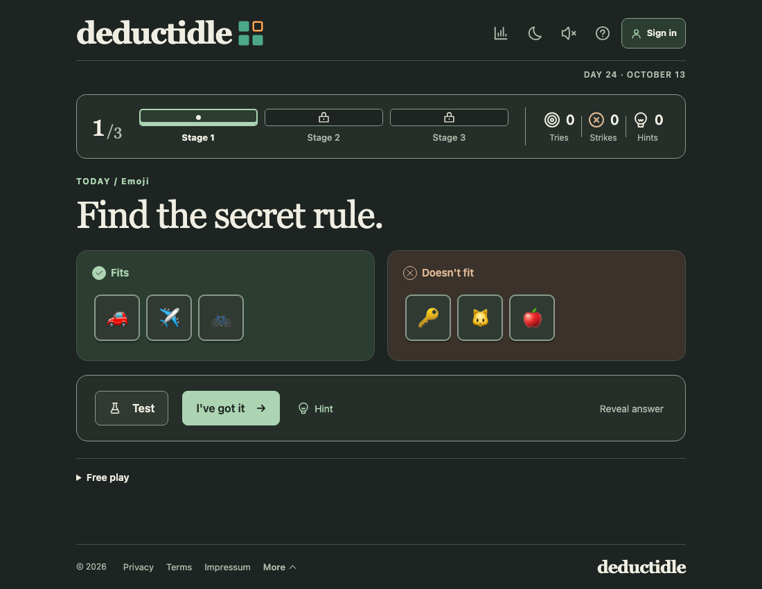 Deductidle's unsolved first emoji stage, showing the initial Fits and Doesn't fit examples, three stage slots and Test controls.