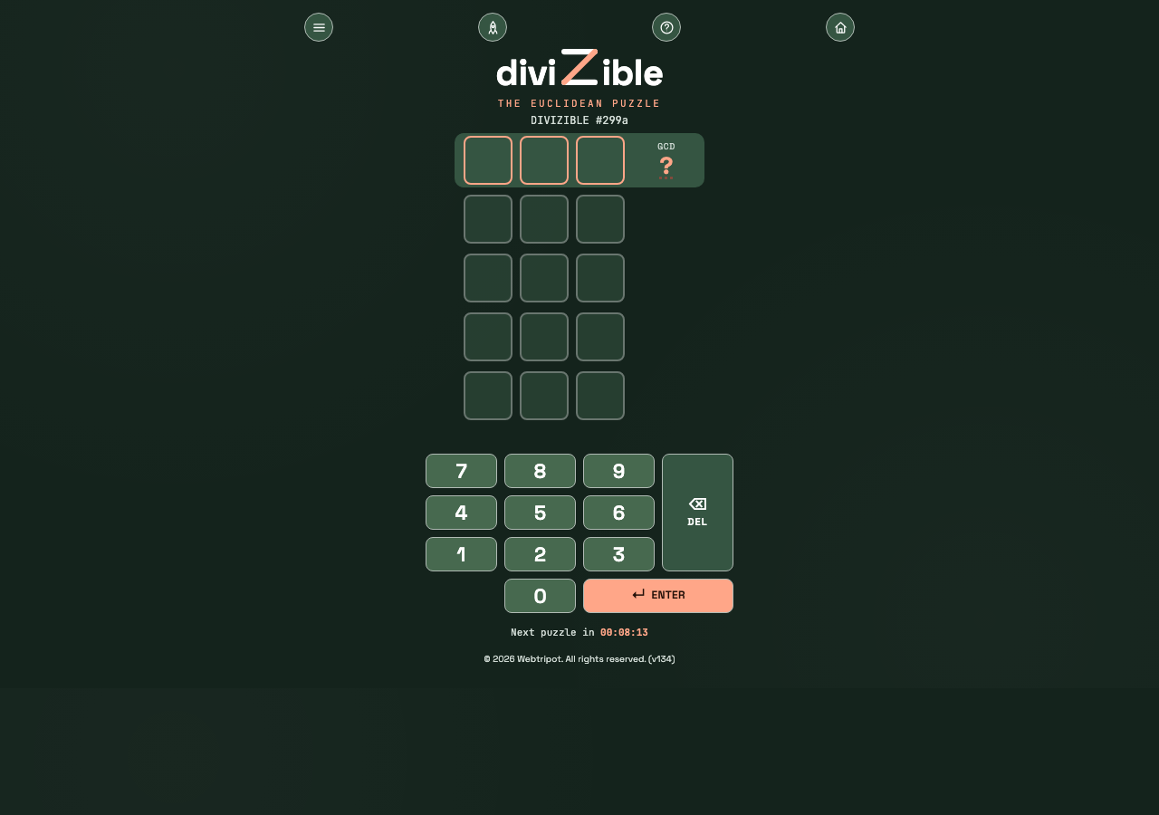 Unsolved diviZible daily puzzle 299a with empty three-digit rows, a GCD question mark and the full number keypad.