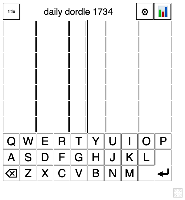Unsolved daily Dordle with two empty seven-row boards and the full on-screen keyboard.