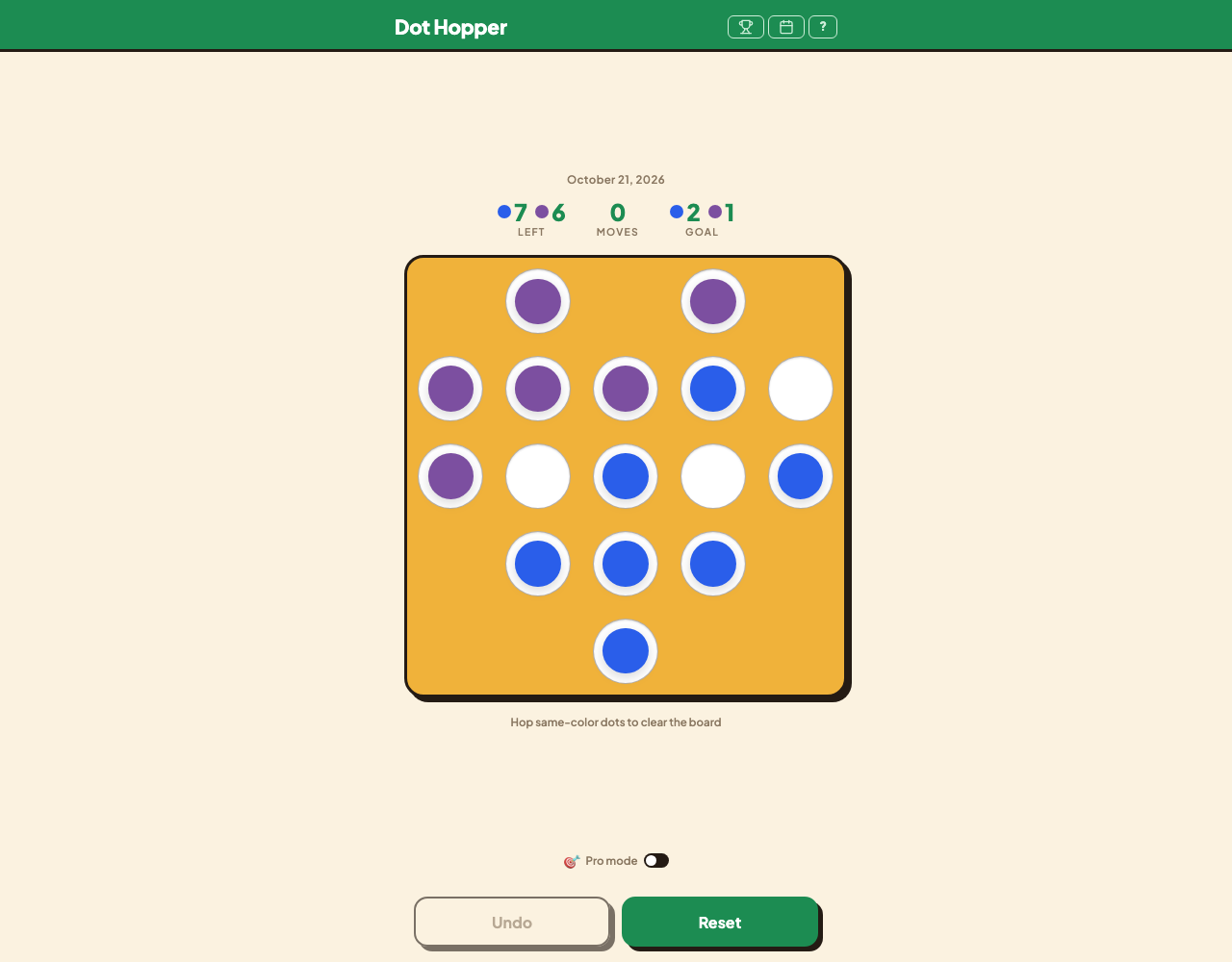 Dot Hopper daily puzzle with blue and purple pegs, three empty holes and separate remaining-peg goals.