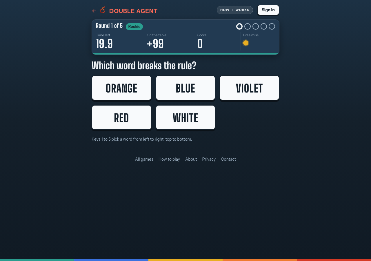 Unanswered Double Agent round 1 with five selectable word tiles, a running timer, zero score and the unused free miss.