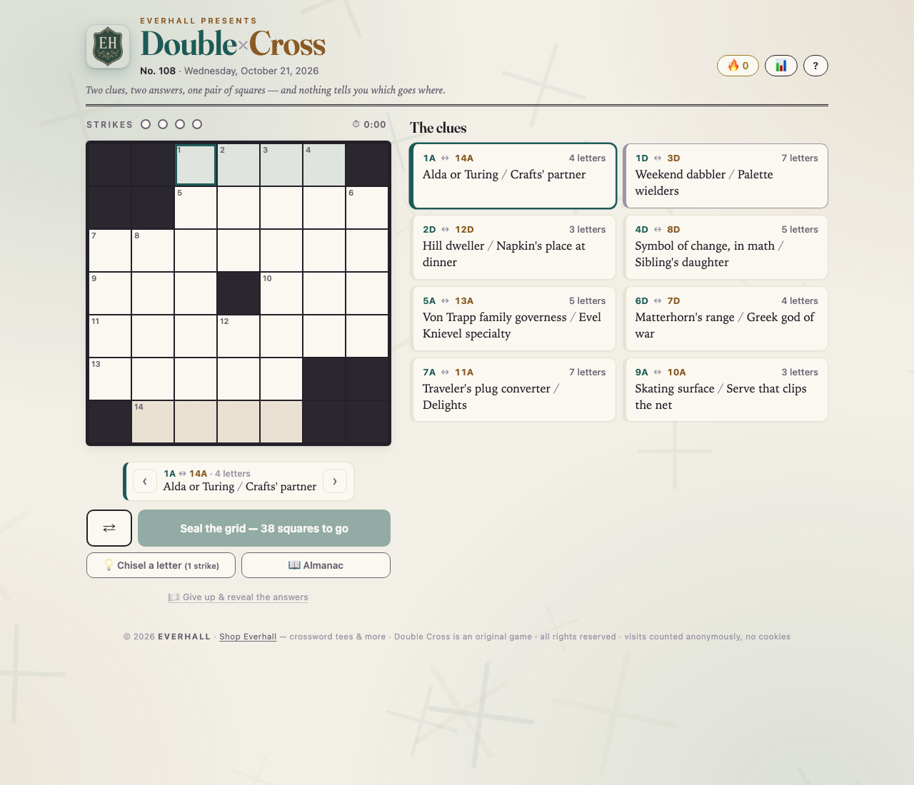 Unplayed Double Cross No. 108 with an empty crossword grid, eight paired clue cards, four unused lamps and the Seal control.