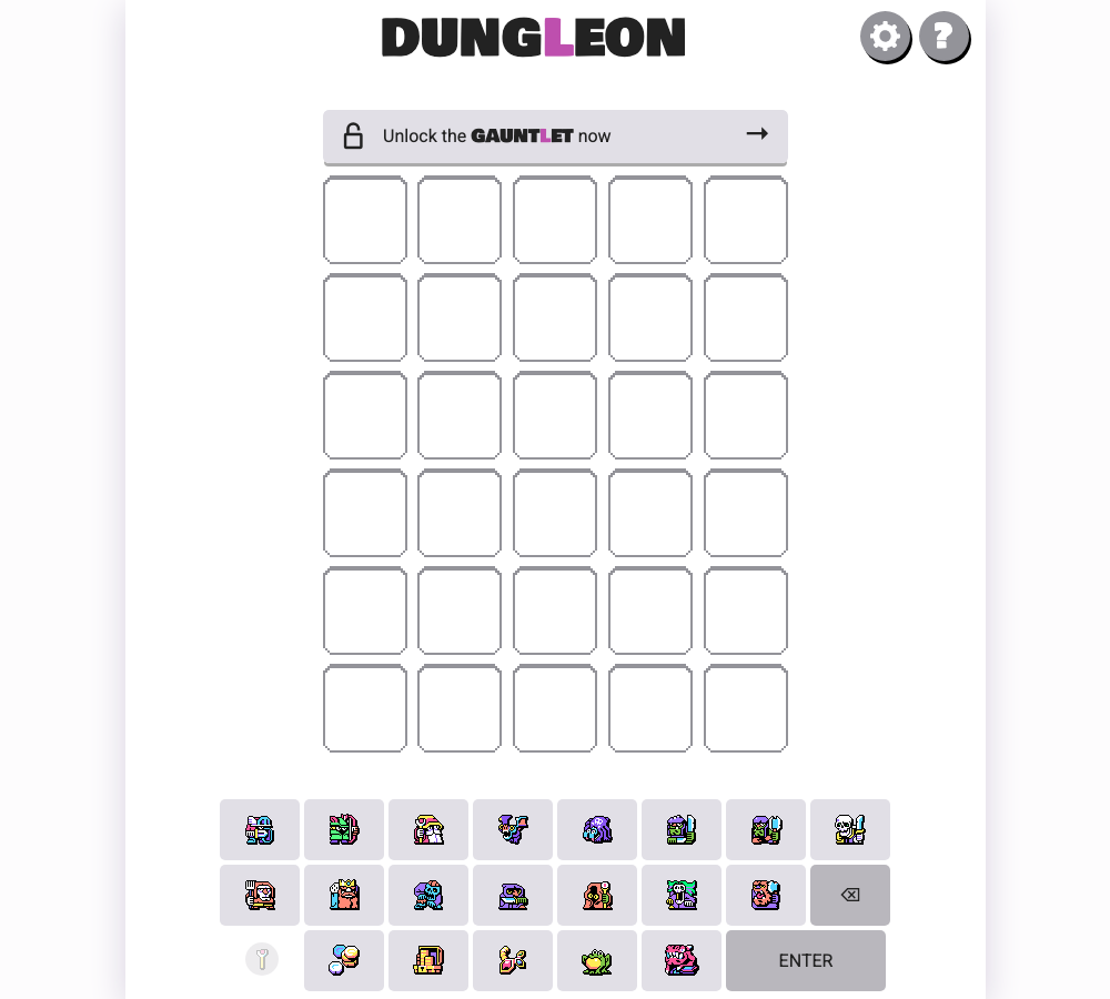 Dungleon Classic with an empty six-row, five-column grid above its pixel-art icon keyboard and ENTER button.