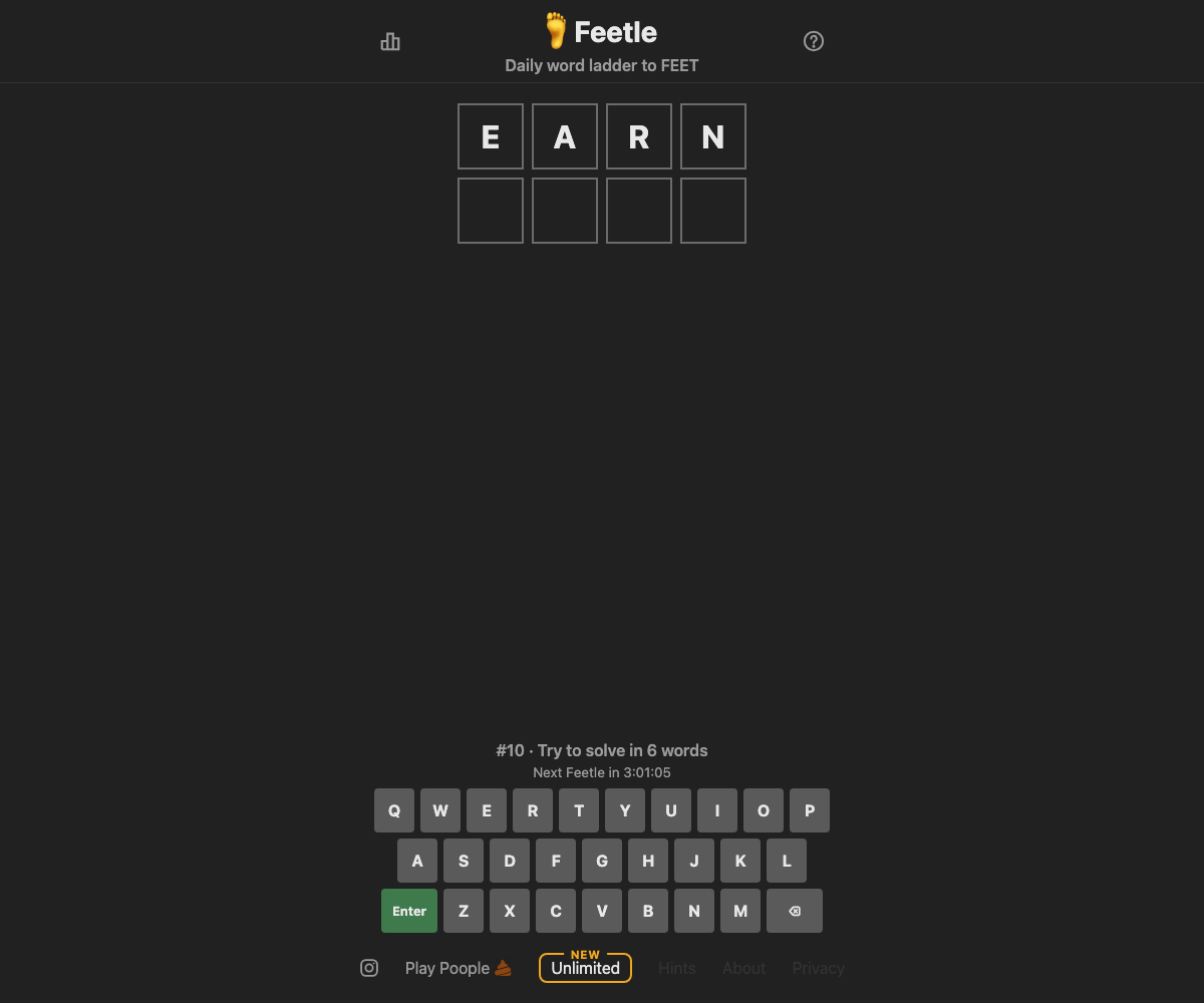 Feetle daily word-ladder board showing the starting word EARN, an empty next row and the complete on-screen keyboard.