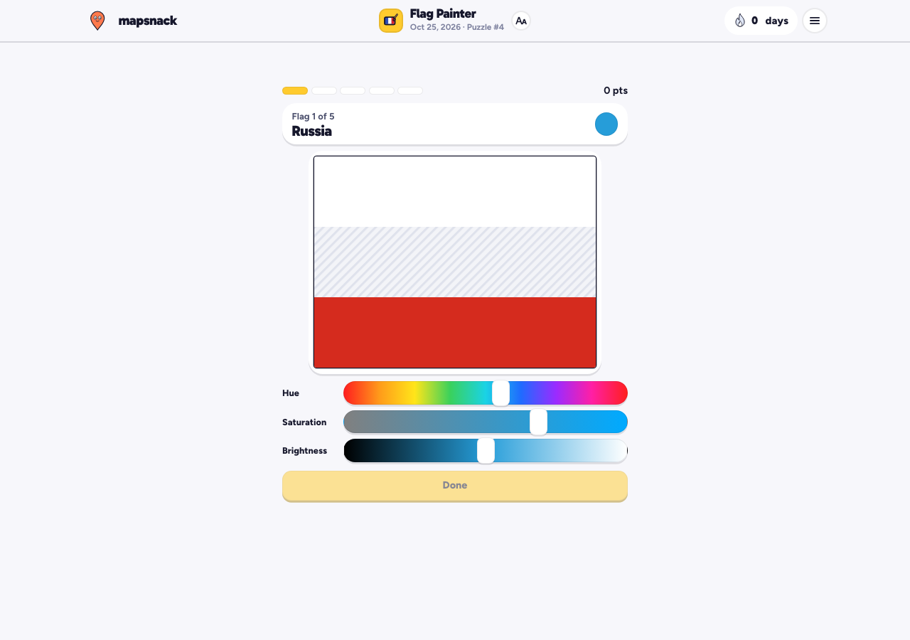 Unplayed Flag Painter board showing a flag with a striped-out color and three color-mixing sliders.
