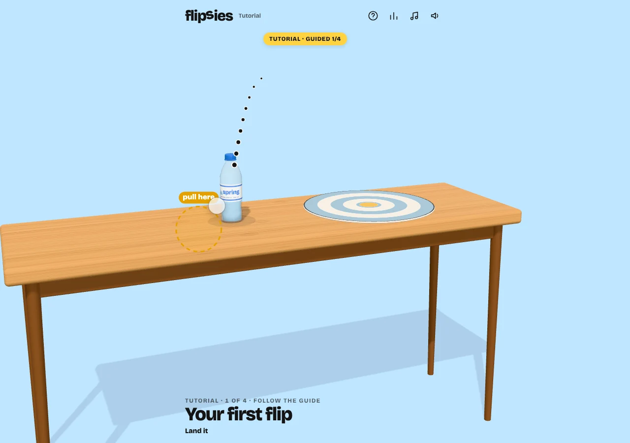 Flipsies guided bottle-flip tutorial with a dotted trajectory and tabletop target