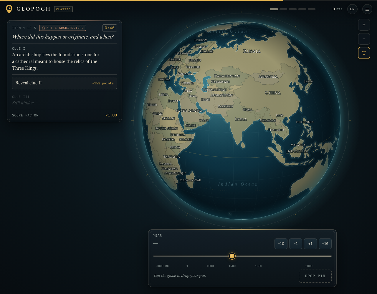 Unsolved GEOPOCH Classic question with a rendered globe, historical clue, untouched year selector and Drop Pin control.