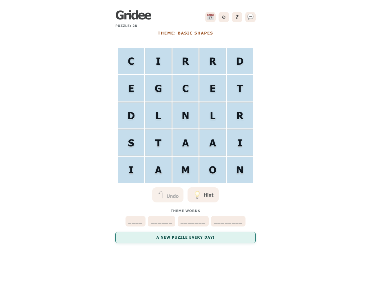 Gridee puzzle 28 with a five-by-five letter grid, the Basic Shapes theme, four empty theme-word slots, and Undo and Hint buttons.