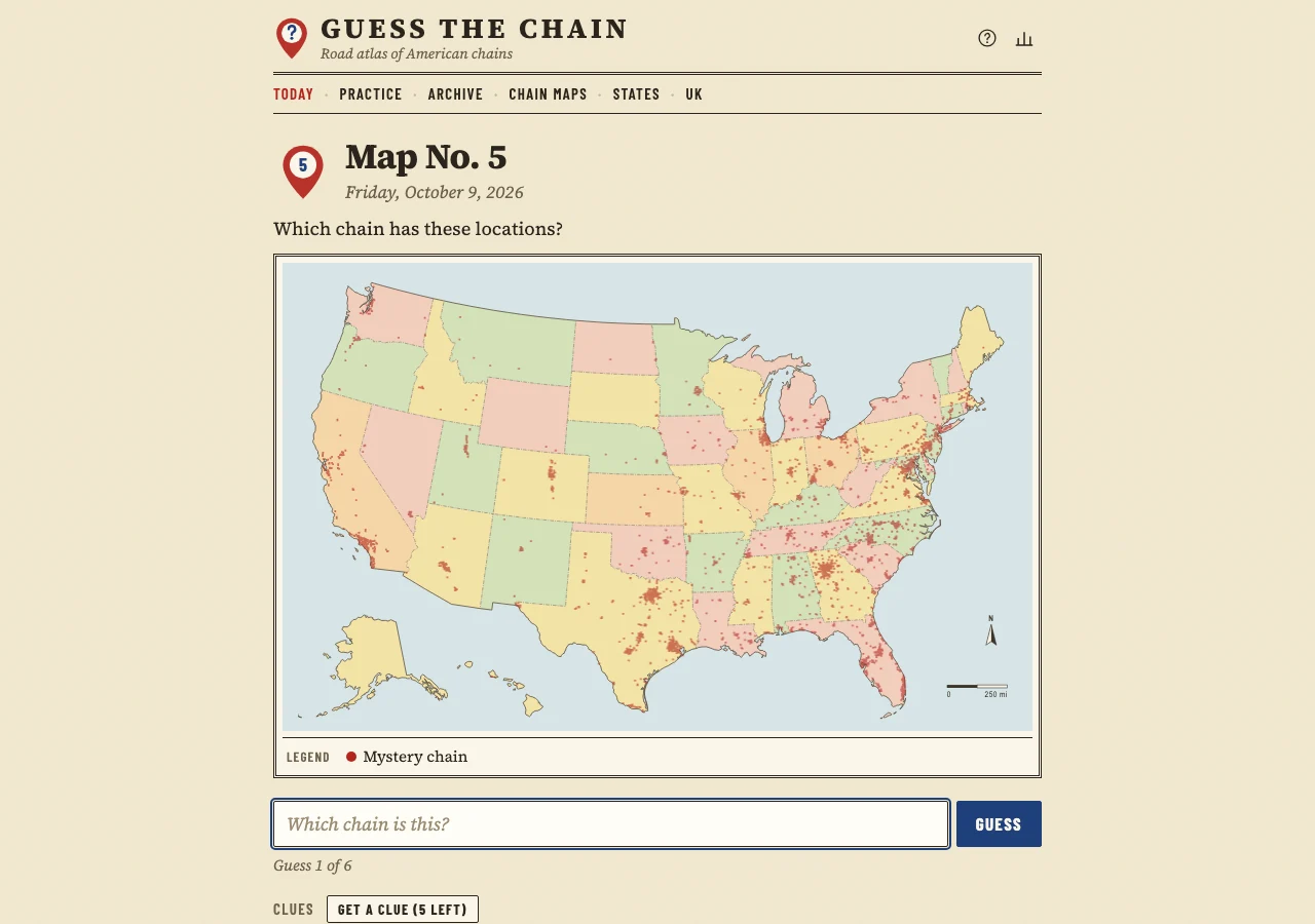 Guess the Chain US location map with mystery dots, guess field and clue button