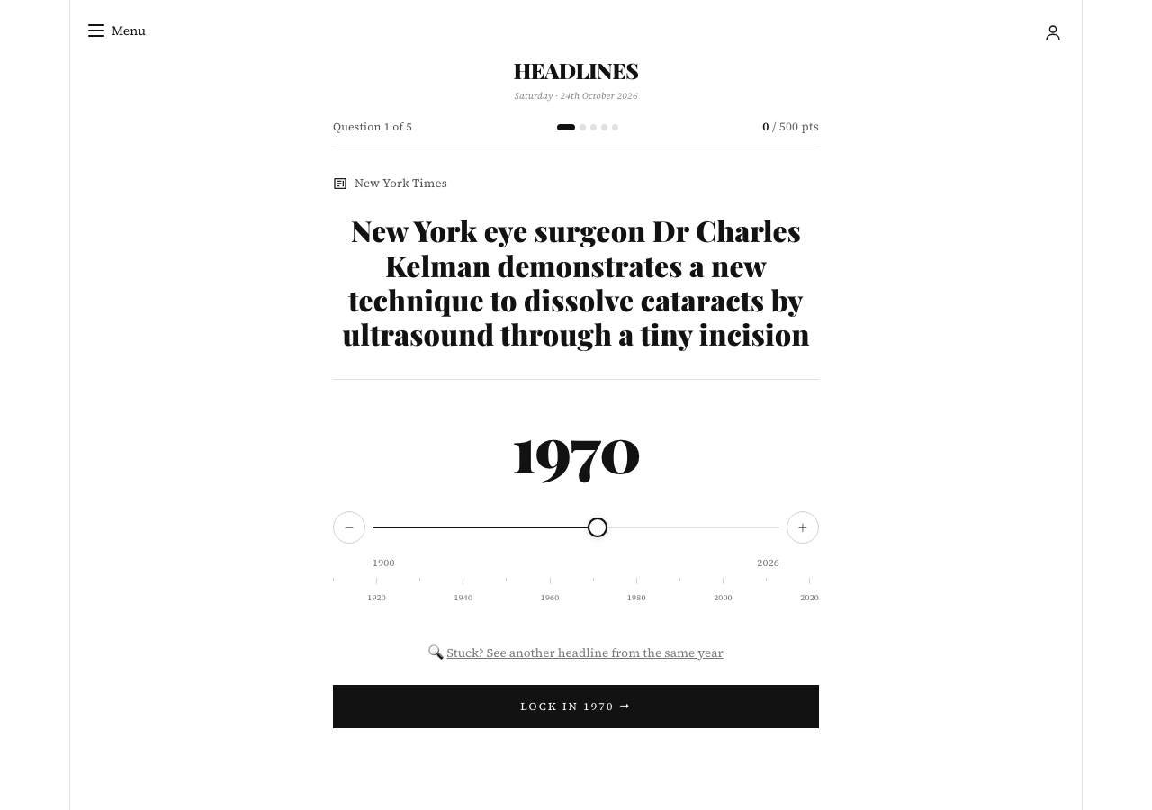 Headlines daily edition before submission, showing a historical event, year selector and Lock in button.