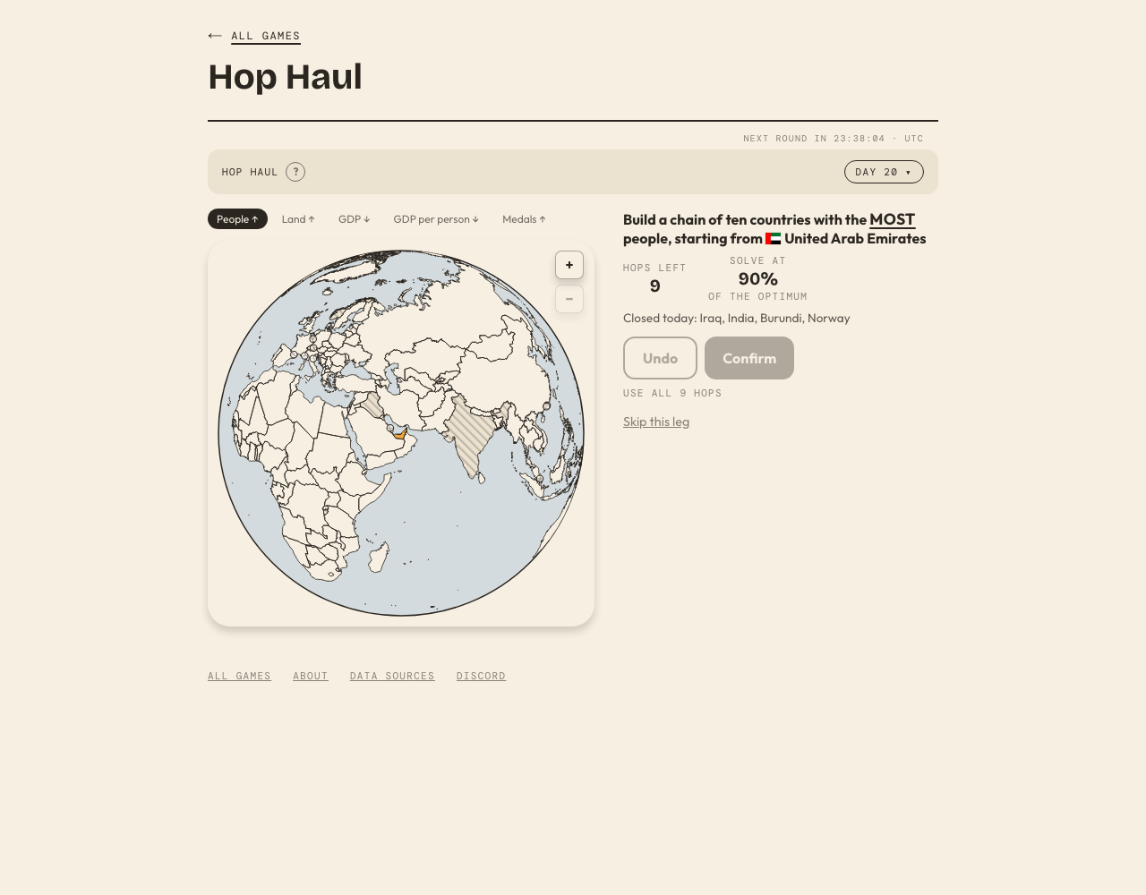 Unplayed Hop Haul People puzzle starting in the United Arab Emirates, with nine hops left, a globe and four closed countries.