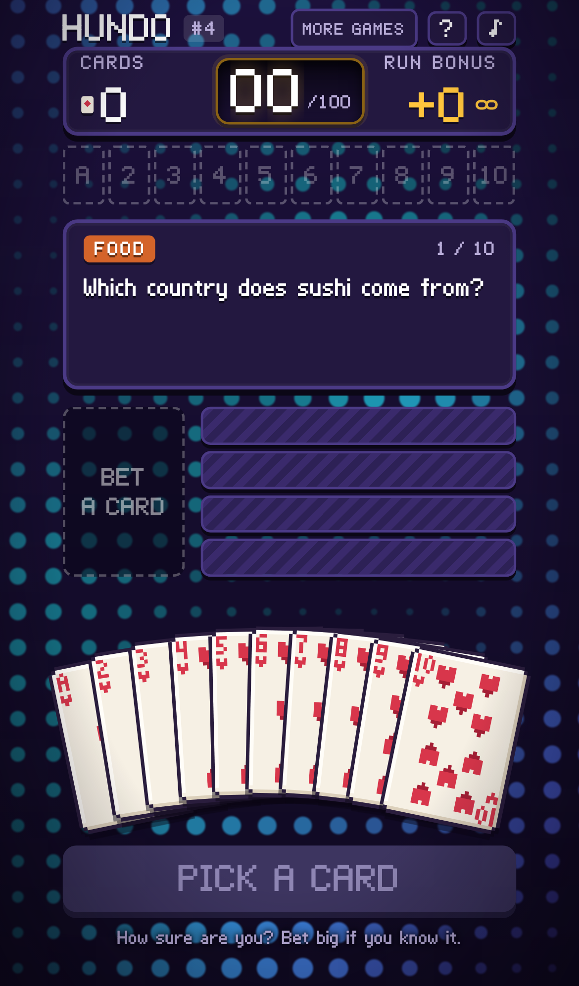 Hundo daily puzzle number 4 before any bet, with ten unused cards and concealed answer choices.