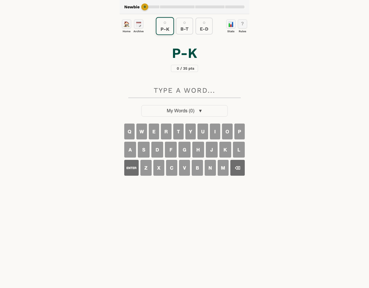 Unplayed Letter Loaf with P-K, B-T and E-D pairs, an empty word entry, zero points, and the full on-screen keyboard.