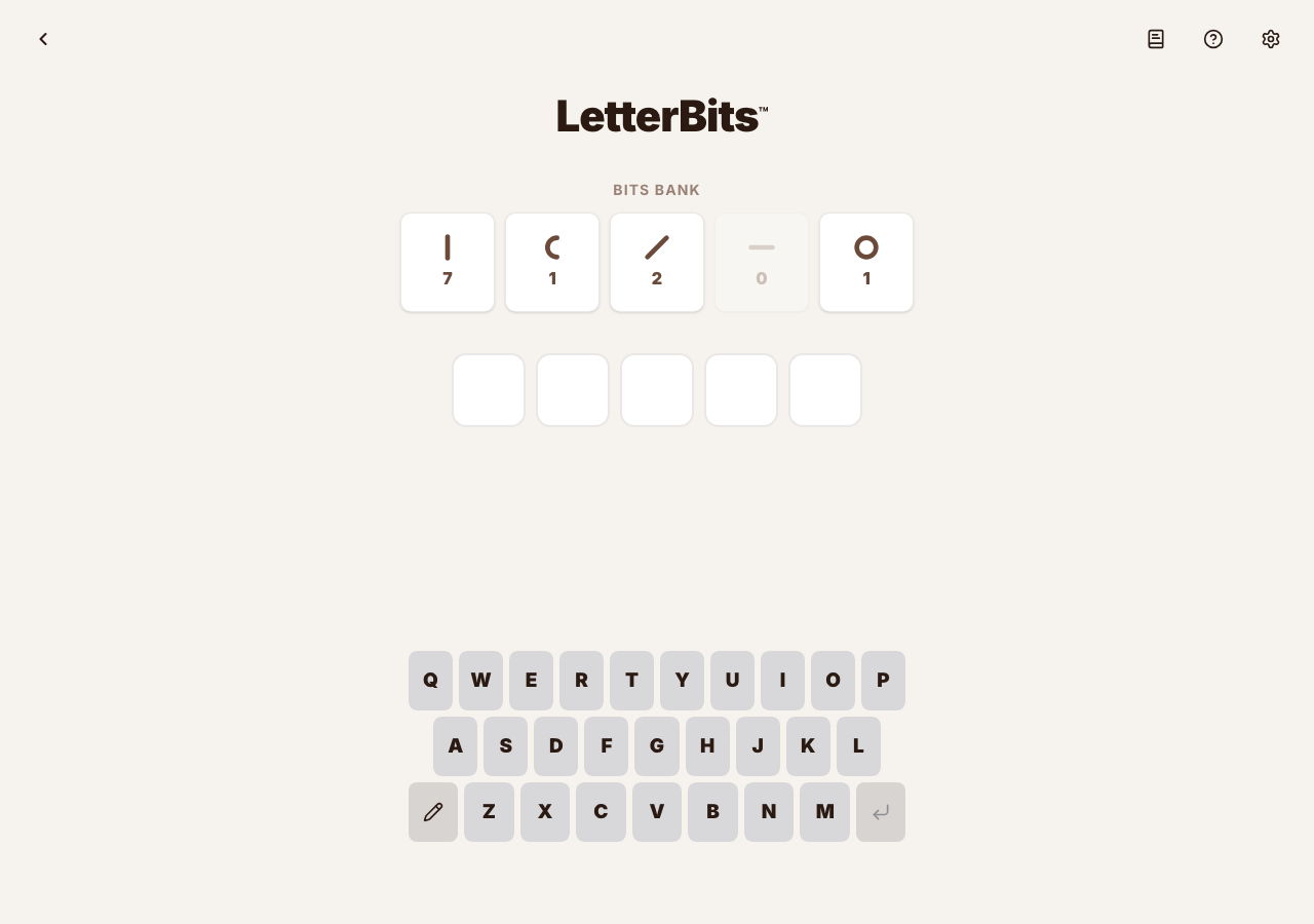 Unsolved LetterBits daily puzzle with a five-shape Bits Bank, five empty letter slots and the complete keyboard.