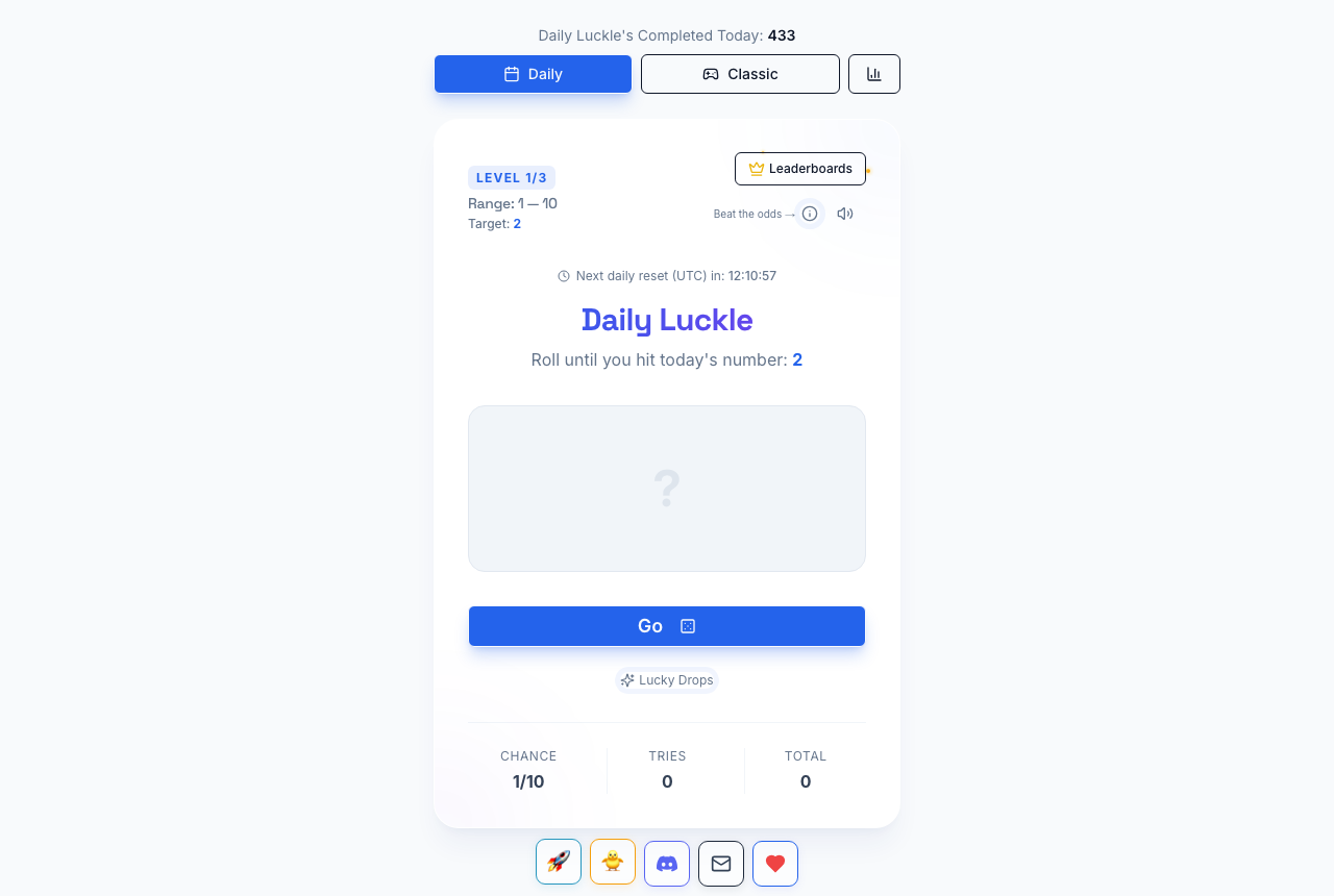Luckle Daily level 1 before any roll, showing range 1–10, target 2, the Go button and zero tries and total.