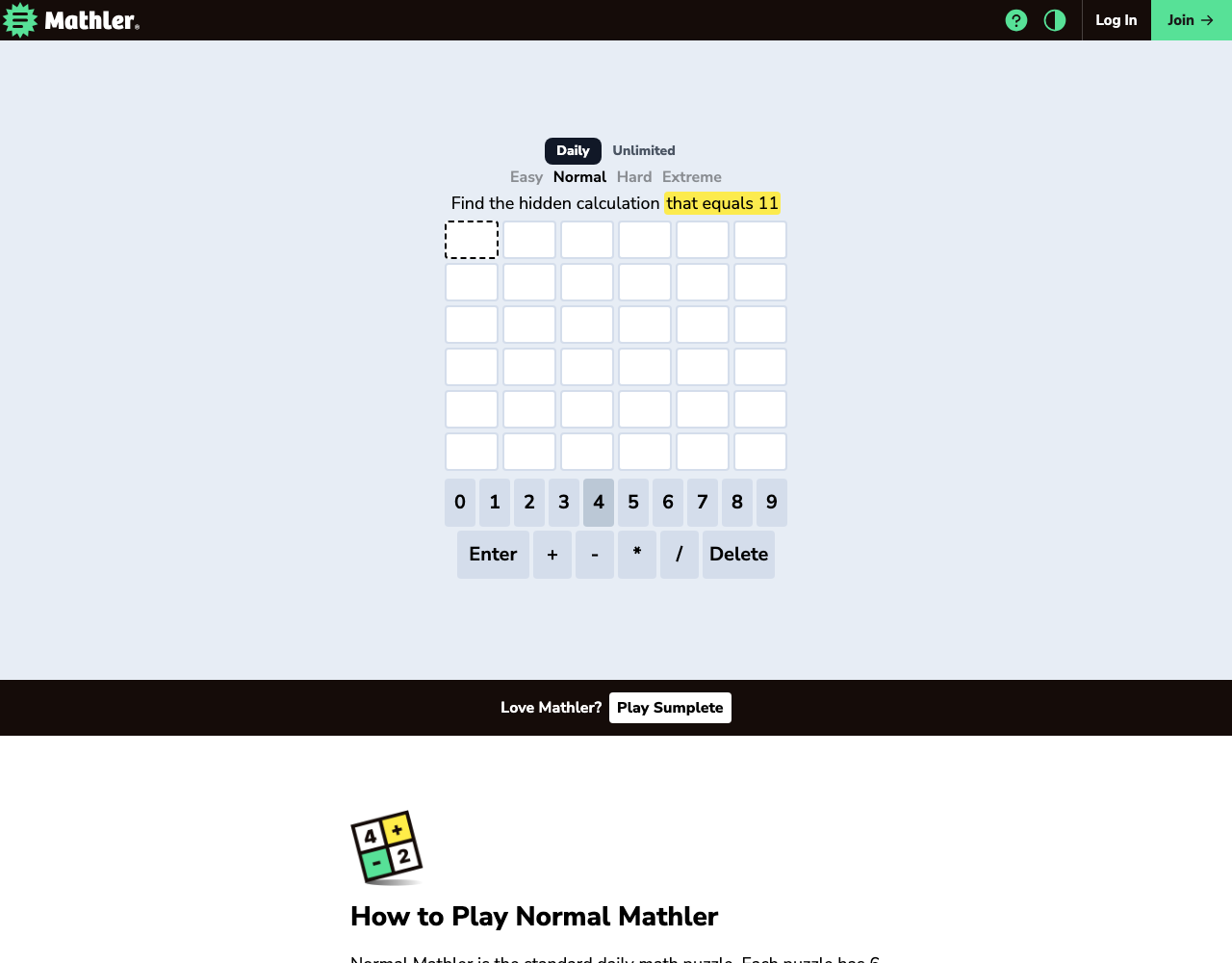 Mathler Normal daily target above six empty rows and a complete number and arithmetic keyboard.