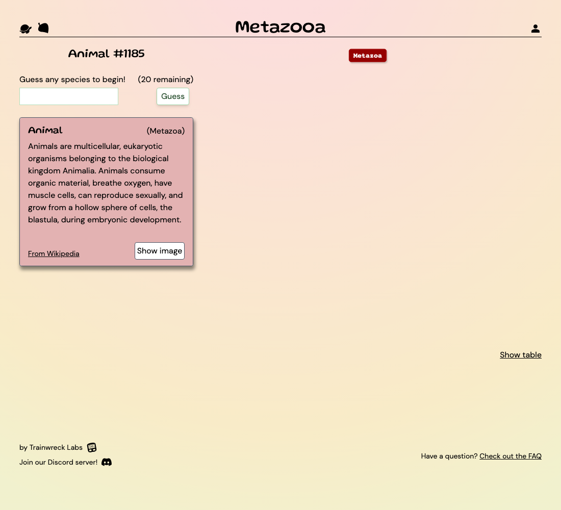 Untouched Metazooa daily Animal #1185 with 20 guesses remaining and animal imagery hidden using the official control