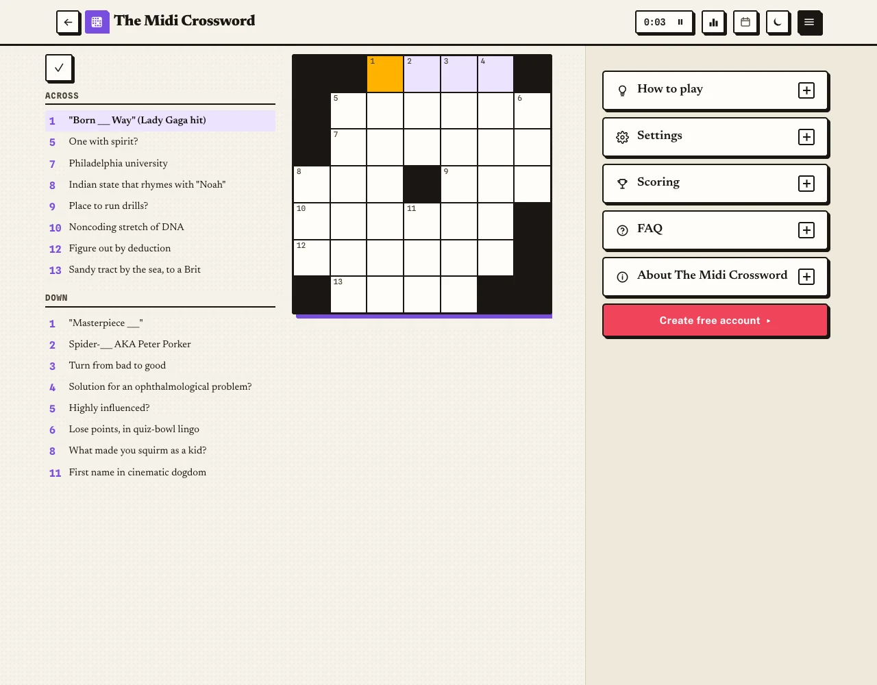 Midi Crossword gameplay screenshot