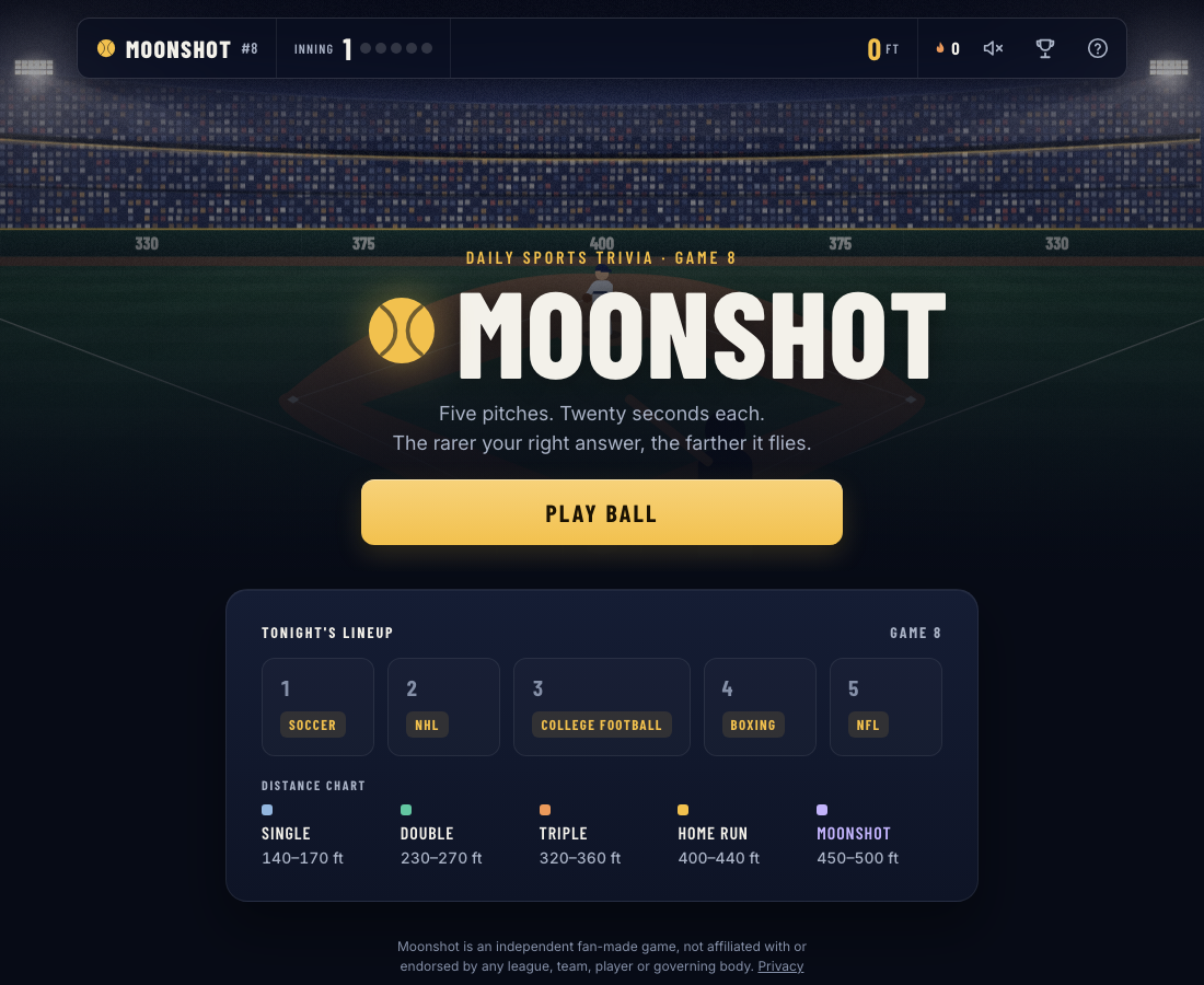 Moonshot's untouched daily start screen with Play Ball, a five-sport lineup and hit-distance ranges