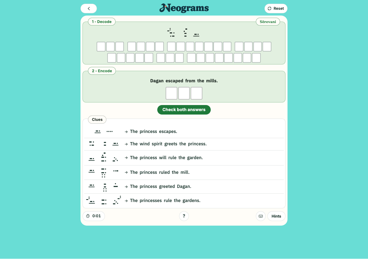Unsolved Neograms Sërevani puzzle showing empty Decode cells, three Encode slots and six paired sentence clues.