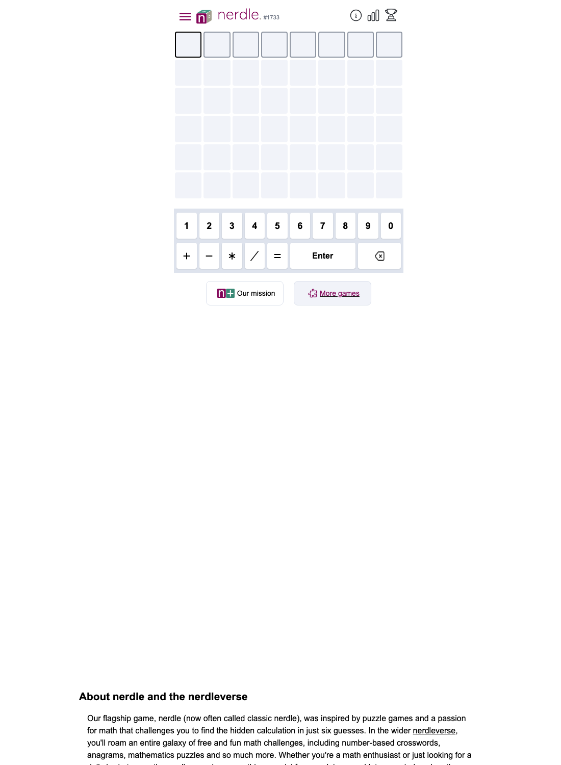 Classic Nerdle with an empty six-row equation board and its number and arithmetic keyboard