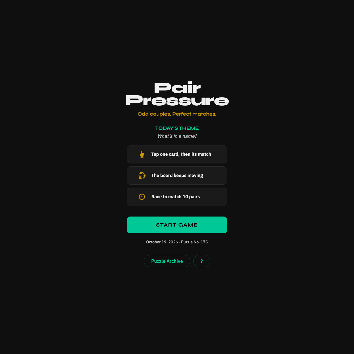 Pair Pressure daily start screen with the theme, ten-pair instructions and Start Game button.