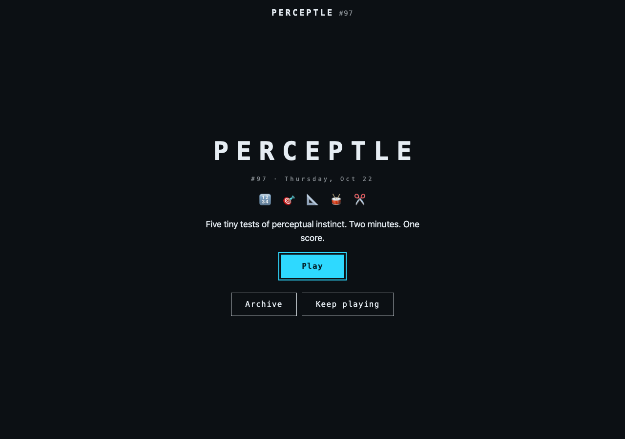 Perceptle #97 unplayed daily start screen with five event icons and Play, Archive and Keep playing controls.