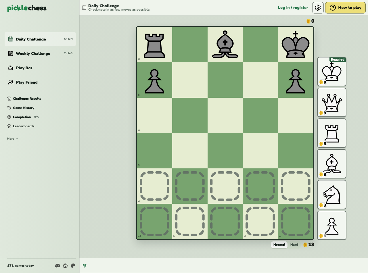 Picklechess Daily Challenge with a five-column six-row board, black pieces already placed, empty white setup squares and a shop of six piece types.