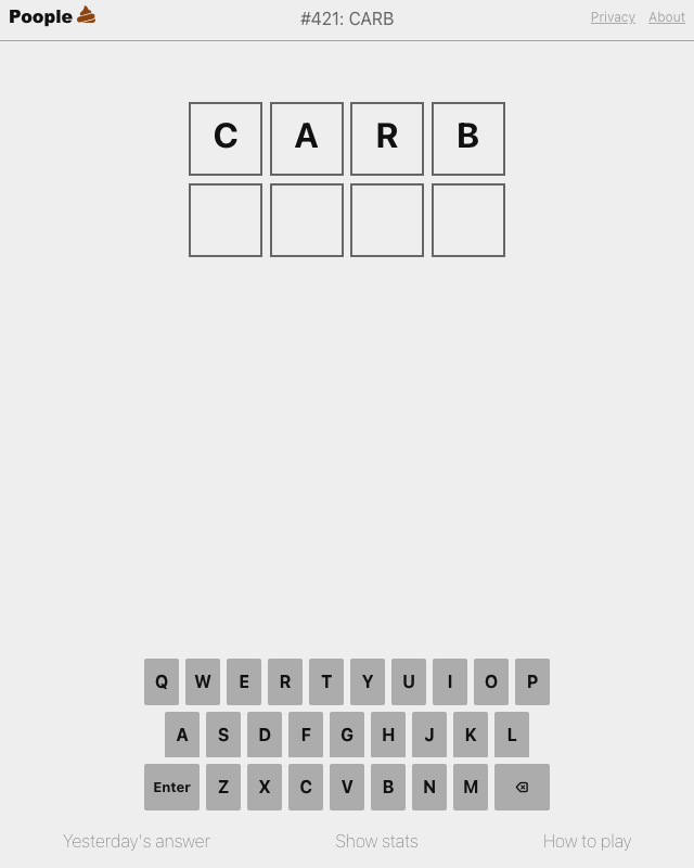 Poople's initial daily word ladder with the starting word CARB, an empty input row and the full onscreen keyboard
