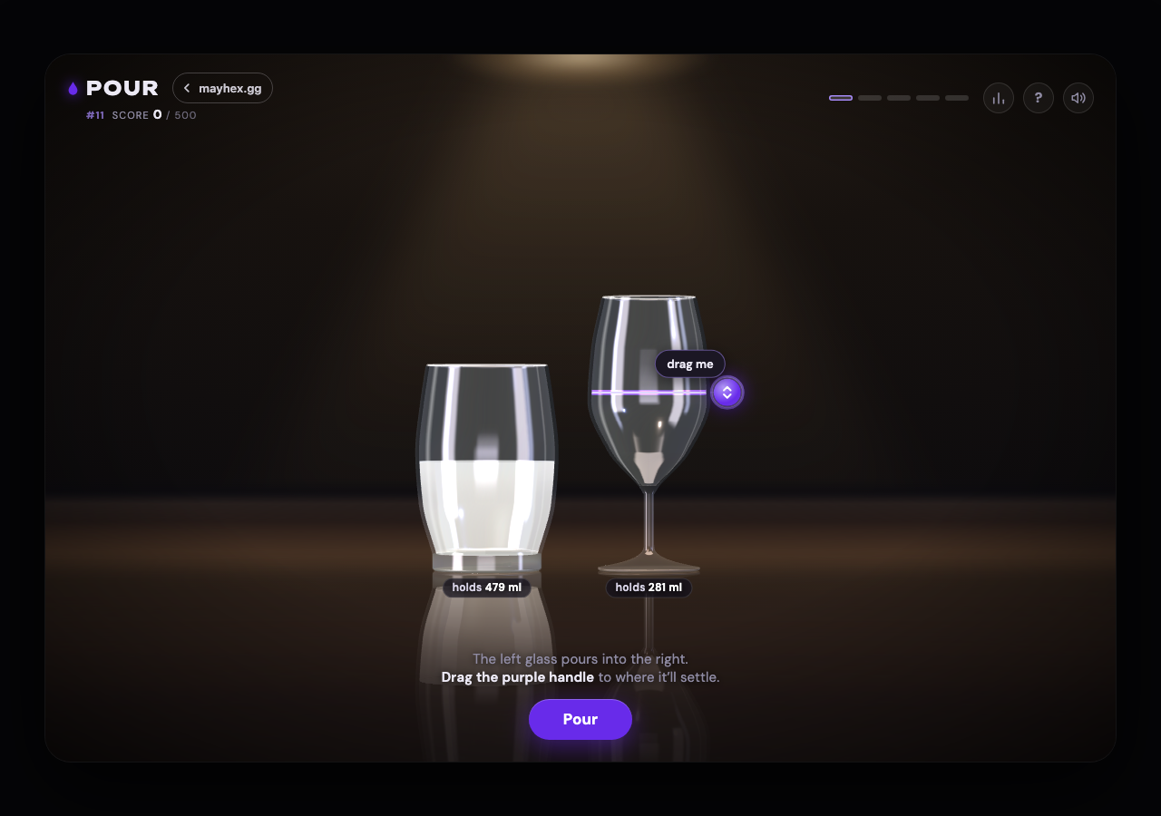 POUR before the first guess, with two 3D glasses and a purple liquid-level prediction handle