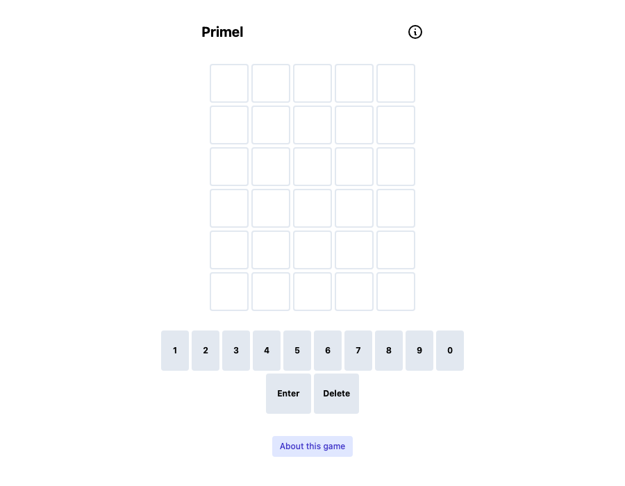Unsolved Primel screen with six empty rows of five cells, number keys, Enter and Delete.