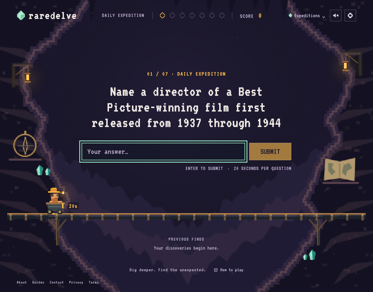 RareDelve’s first unanswered Daily Expedition question, empty answer box, Submit button, twenty-second timer and zero score in a pixel-art mine.