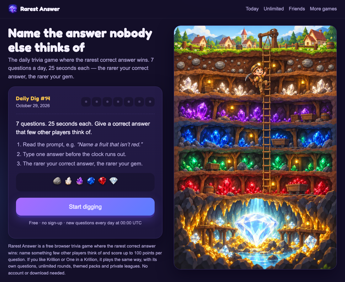 Rarest Answer’s untouched Daily Dig start panel with seven questions, the 25-second rule and Start digging button