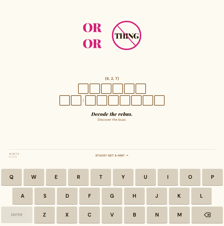 Unsolved Rebusly visual clue, empty phrase boxes and the full on-screen keyboard