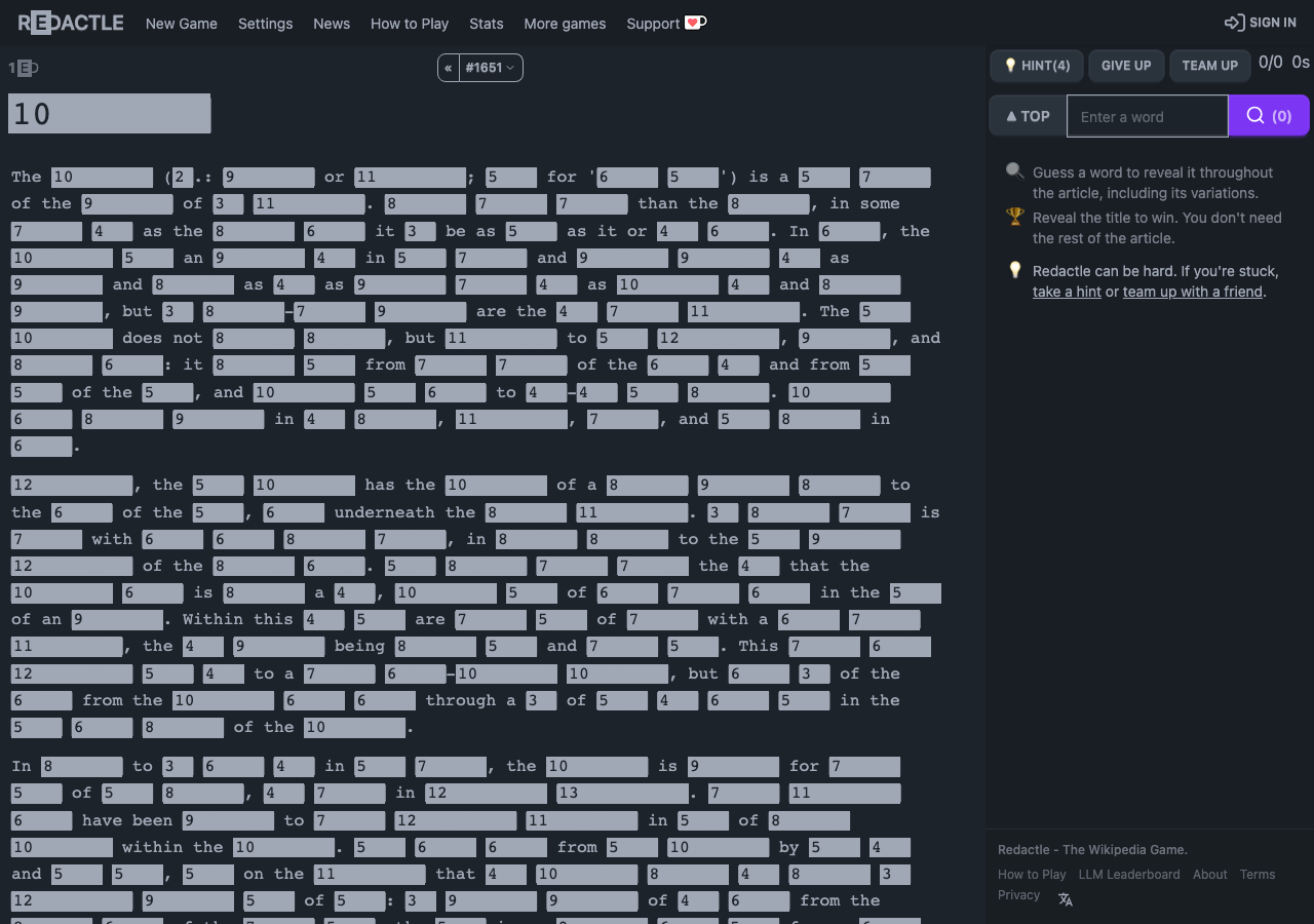 Unsolved Redactle puzzle with a redacted article, word-length clues and an empty guess field beside the hint controls.